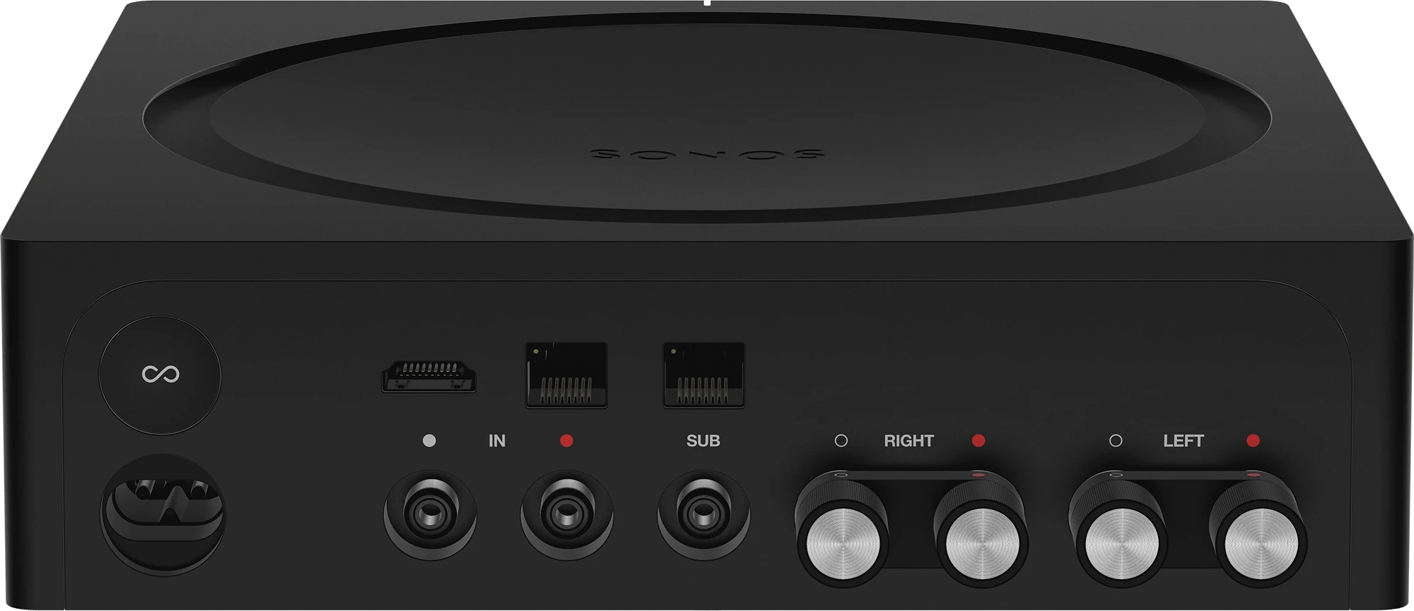Frontansicht des Sonos Amp mit sichtbaren Anschlüssen und Bedienelementen.