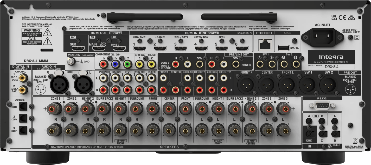 Rückansicht des Integra DRX 8.4 AV-Receivers mit verschiedenen Anschlüssen.
