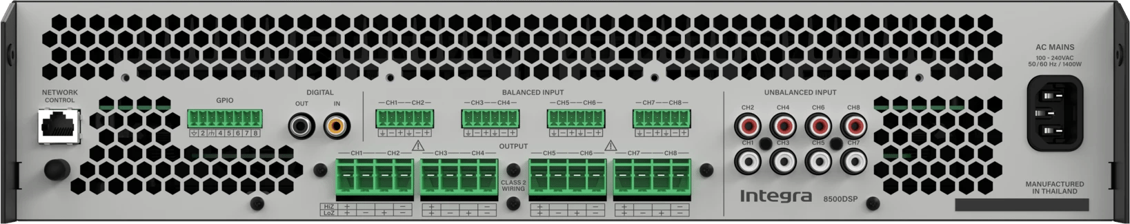 Rückansicht des Integra 8500DSP mit sichtbaren Anschlüssen und Steckdosen.