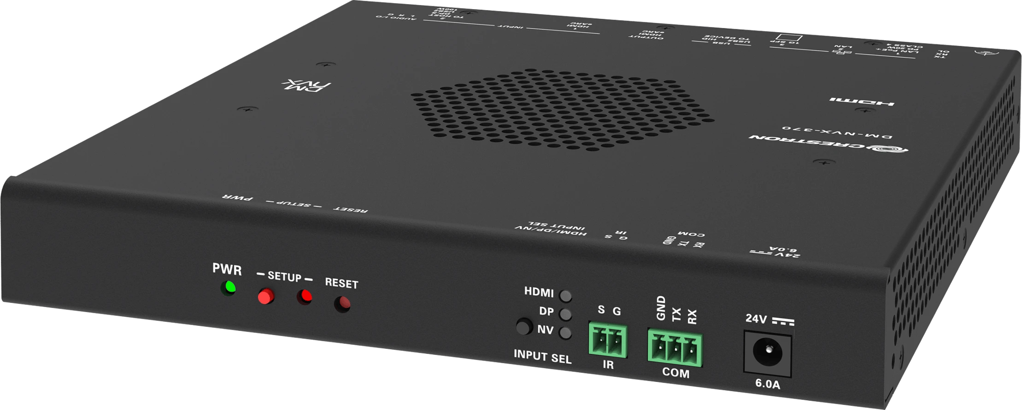 Crestron DM-NVX-370 AV-over-IP Encoder/Decoder, Ansicht von hinten links mit sichtbaren Anschlüssen.