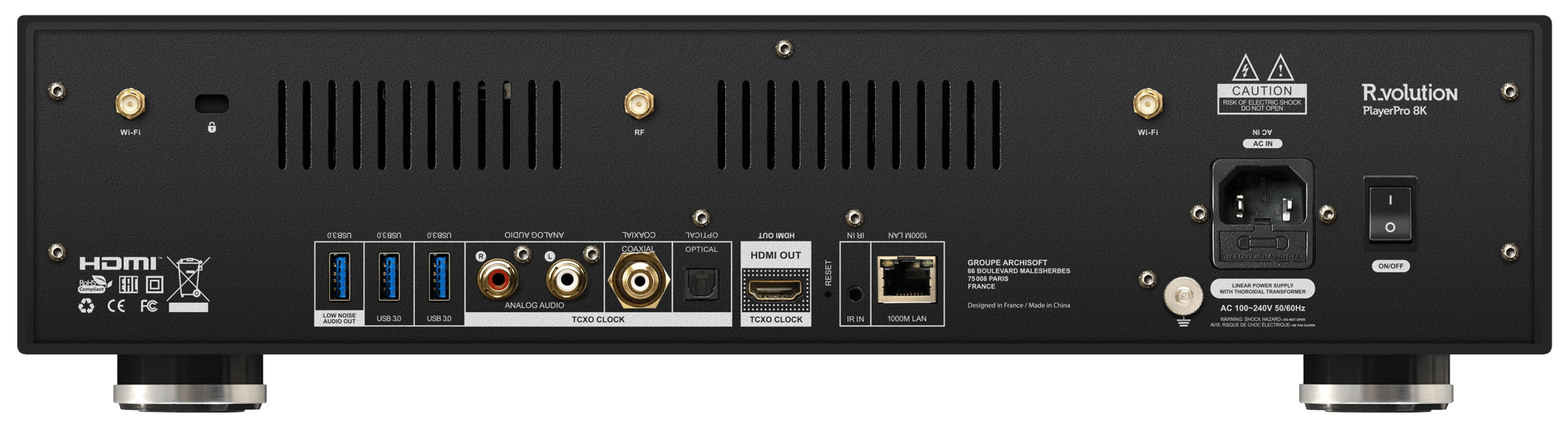 Rückansicht des R.Volution PlayerPro 8K mit verschiedenen Anschlüssen.