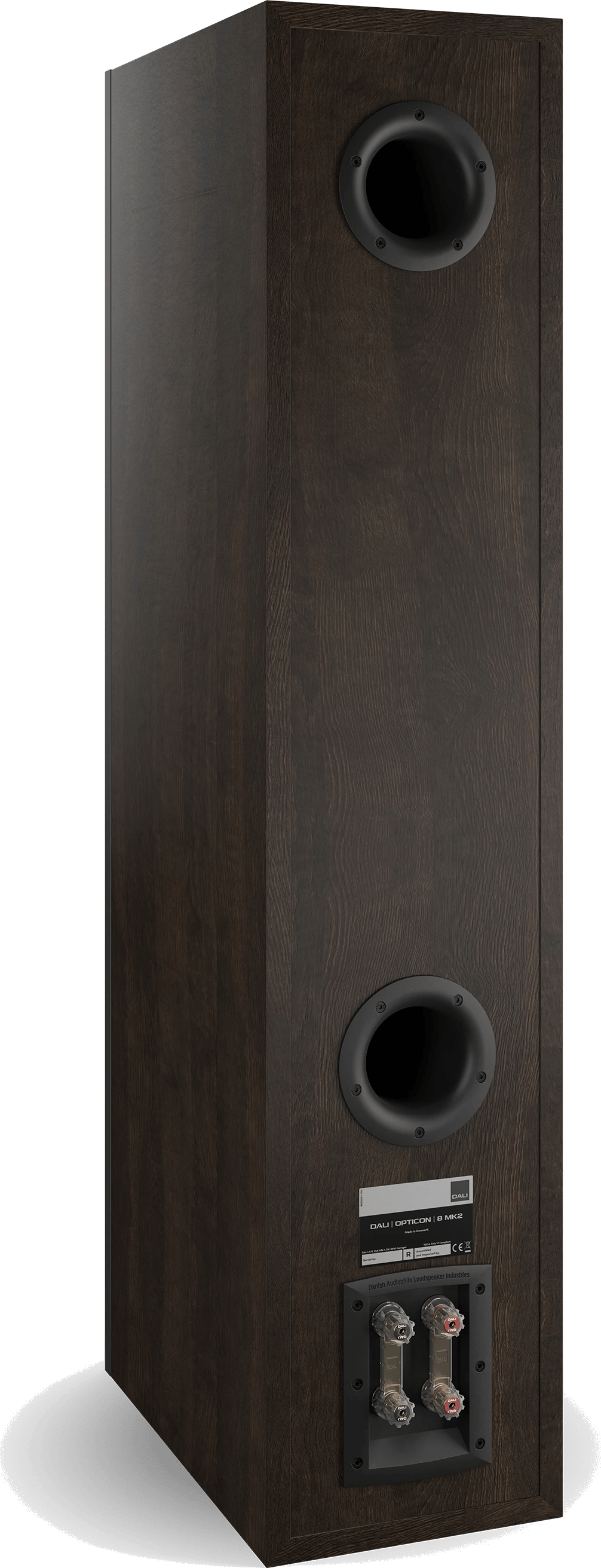 Rückansicht des DALI OPTICON 8 MK2 Lautsprechers in Tabak-Eiche-Finish, mit zwei Bassöffnungen und Anschlussklemmen.