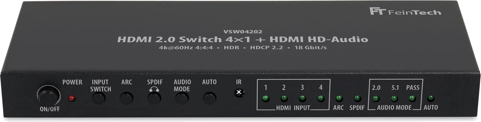 Frontansicht des FeinTech VSW04202 HDMI 2.0 Switch 4x1 mit Audio-Extractor.