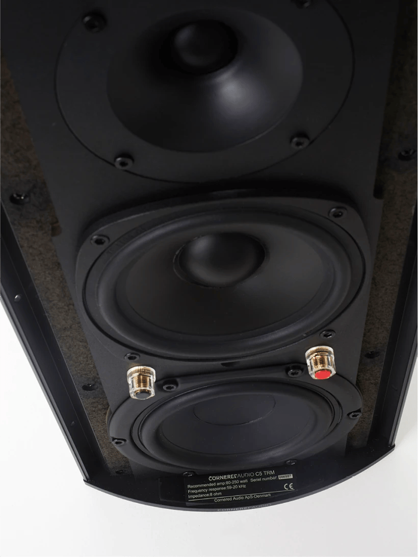 Rückansicht des Cornered Audio C5TRM Lautsprechers mit Anschlüssen.