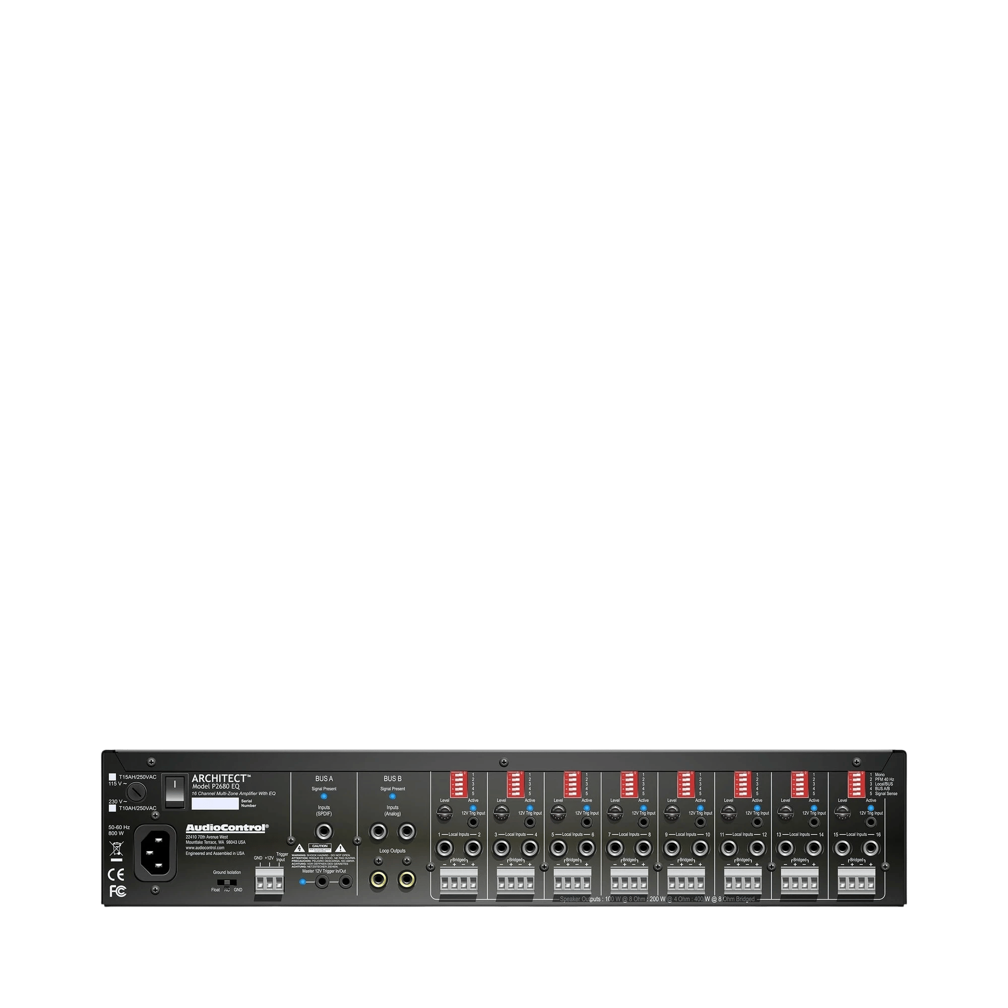 Rückansicht des AudioControl Architect P2680 EQ mit sichtbaren Anschlüssen und Steckplätzen.