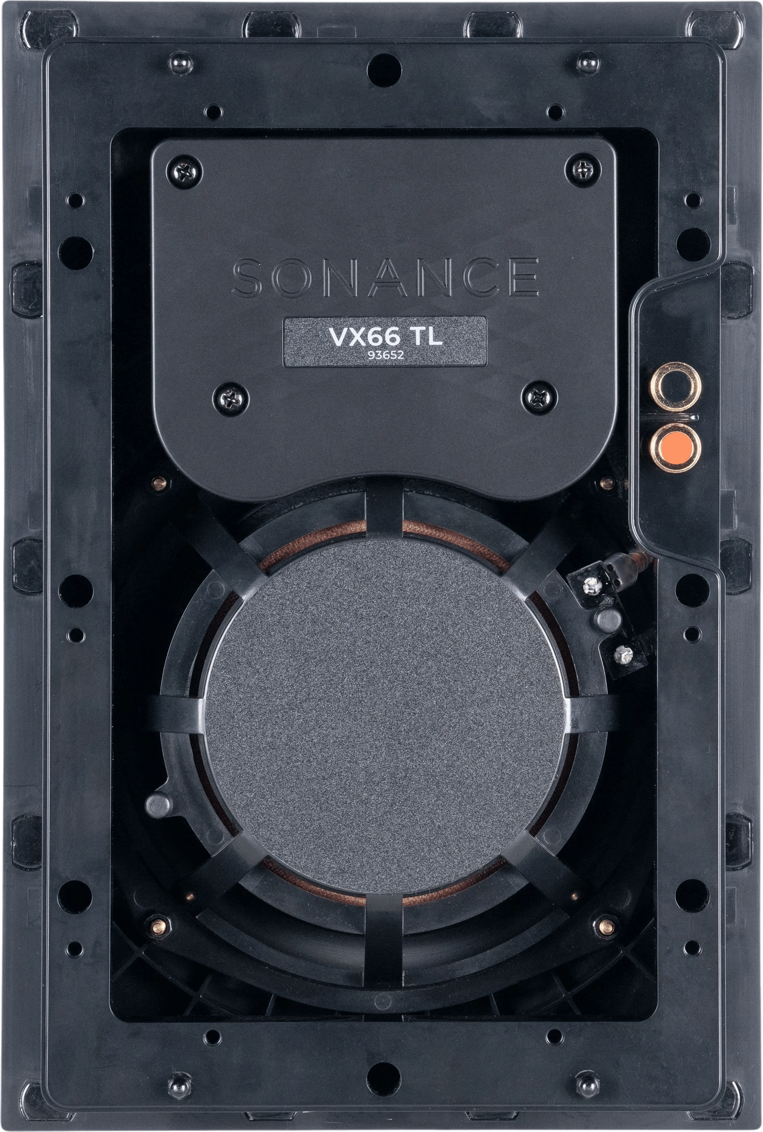 Rückansicht des Sonance VX66 TL Lautsprechers mit Anschlüssen und Modellinformationen.