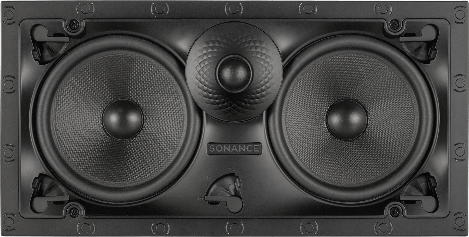 Frontansicht des Sonance VX62LCR In-Wall Lautsprechers mit zwei Tieftönern und Hochtöner.