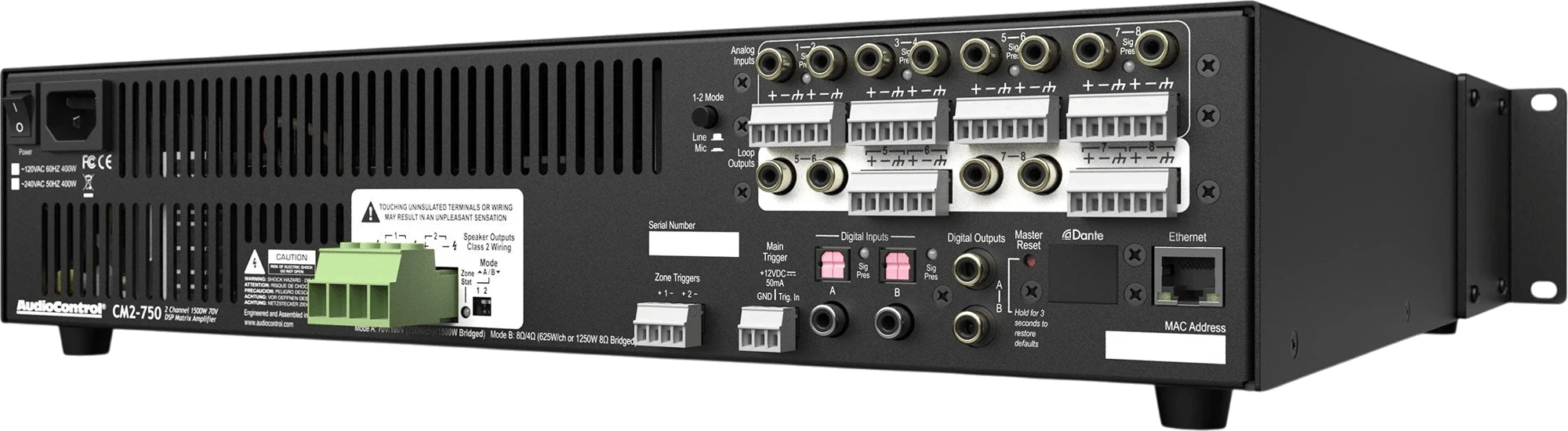 Rückansicht links des AudioControl CM2-750 Verstärkers mit Anschlüssen und Steckdosen.