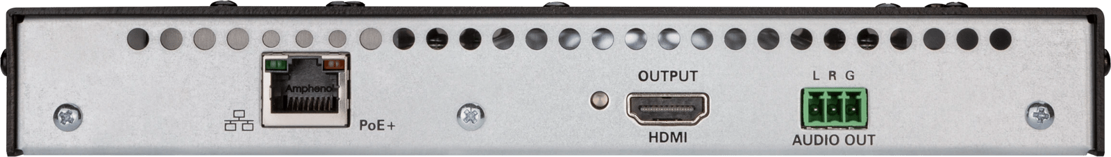 Rückansicht des Crestron DM-NVX-D200 AV-Decoders mit HDMI- und Audioausgangsanschlüssen.