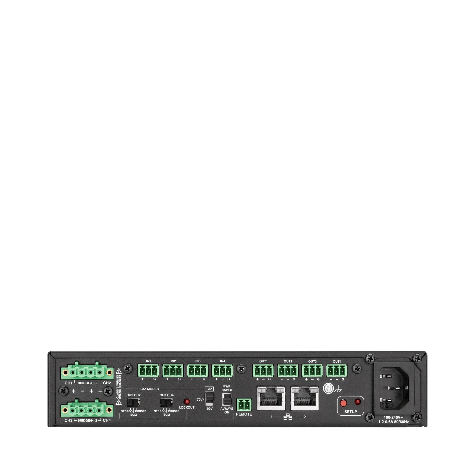 Rückansicht des Crestron DM-NAX-AMP-X300 Verstärkers mit Eingangs- und Ausgangsanschlüssen.