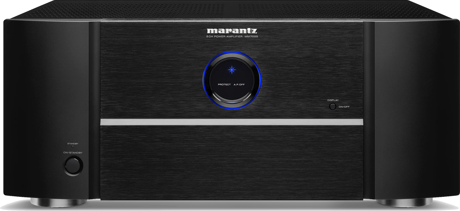 Frontansicht des Marantz MM7055 Verstärkers mit elegantem schwarzen Finish.