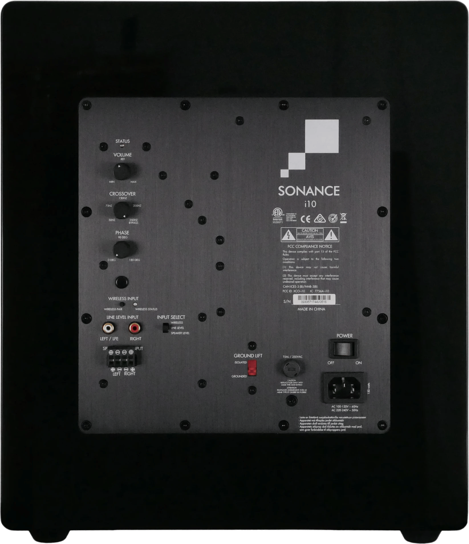 Rückansicht des Sonance IMPACT 10 SUB mit Anschlüssen und Bedienelementen.