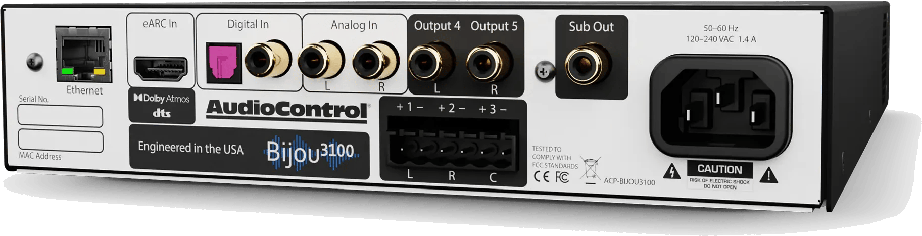 Rückansicht des AudioControl Bijou 3100 Verstärkers mit Anschlüssen und Steckdosen.