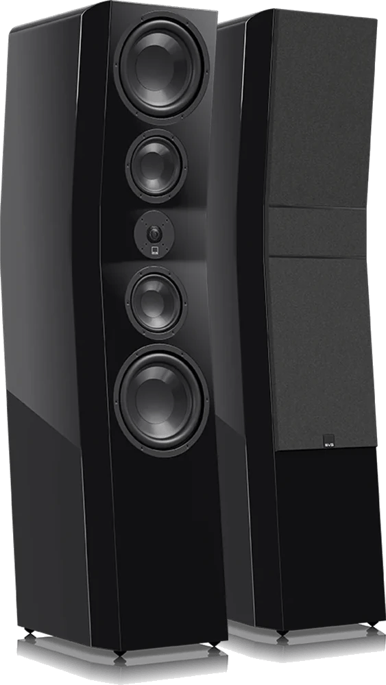Vorderansicht rechts der SVS Ultra Evolution Pinnacle Lautsprecher in schwarzem Hochglanz.