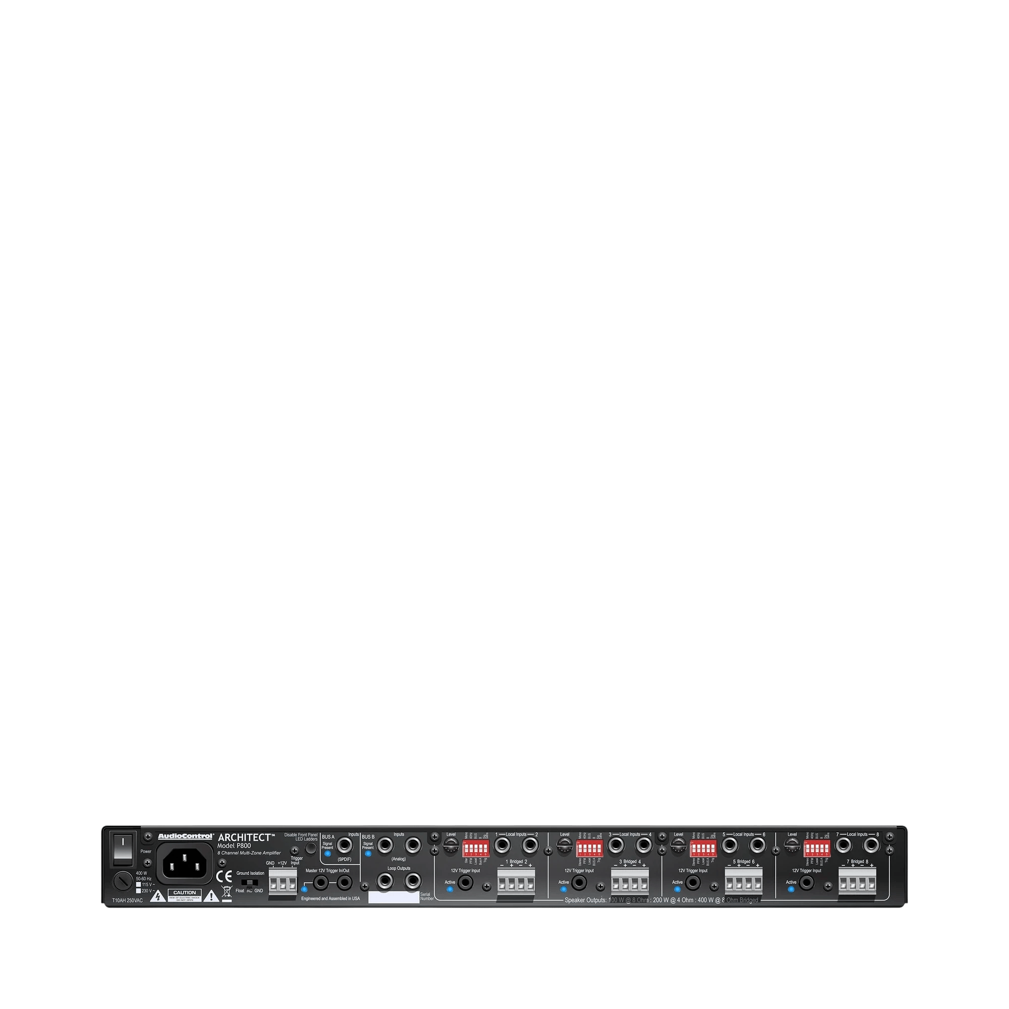 Rückansicht des AudioControl Architect P800, einem 8-Kanal-Multi-Zonen-Verstärker.