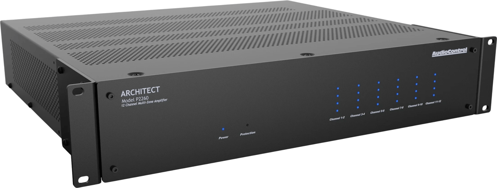 AudioControl Architect P2260 12-Kanal-Endstufe, Ansicht von vorne-rechts.