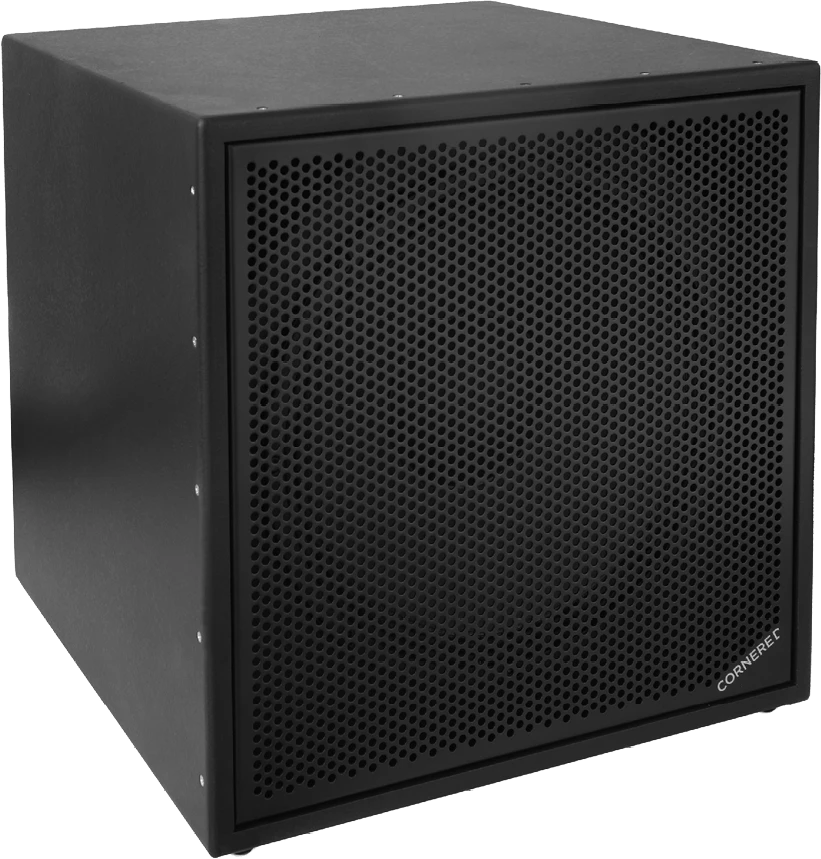 Dreiviertelansicht des Cornered Audio C15NC Lautsprechers in schwarzer Ausführung.