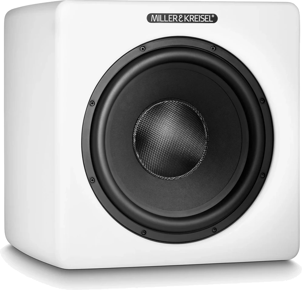 Frontansicht des M&K Sound V12+ aktiven 12" Subwoofers in weißer Ausführung.