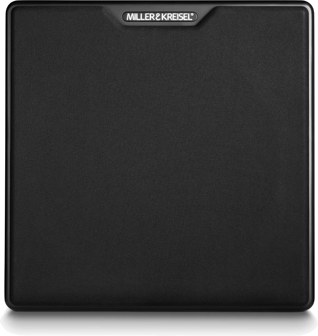 Frontansicht des M&K Sound V15+ aktiven 15-Zoll-Subwoofers mit Gewebeabdeckung.