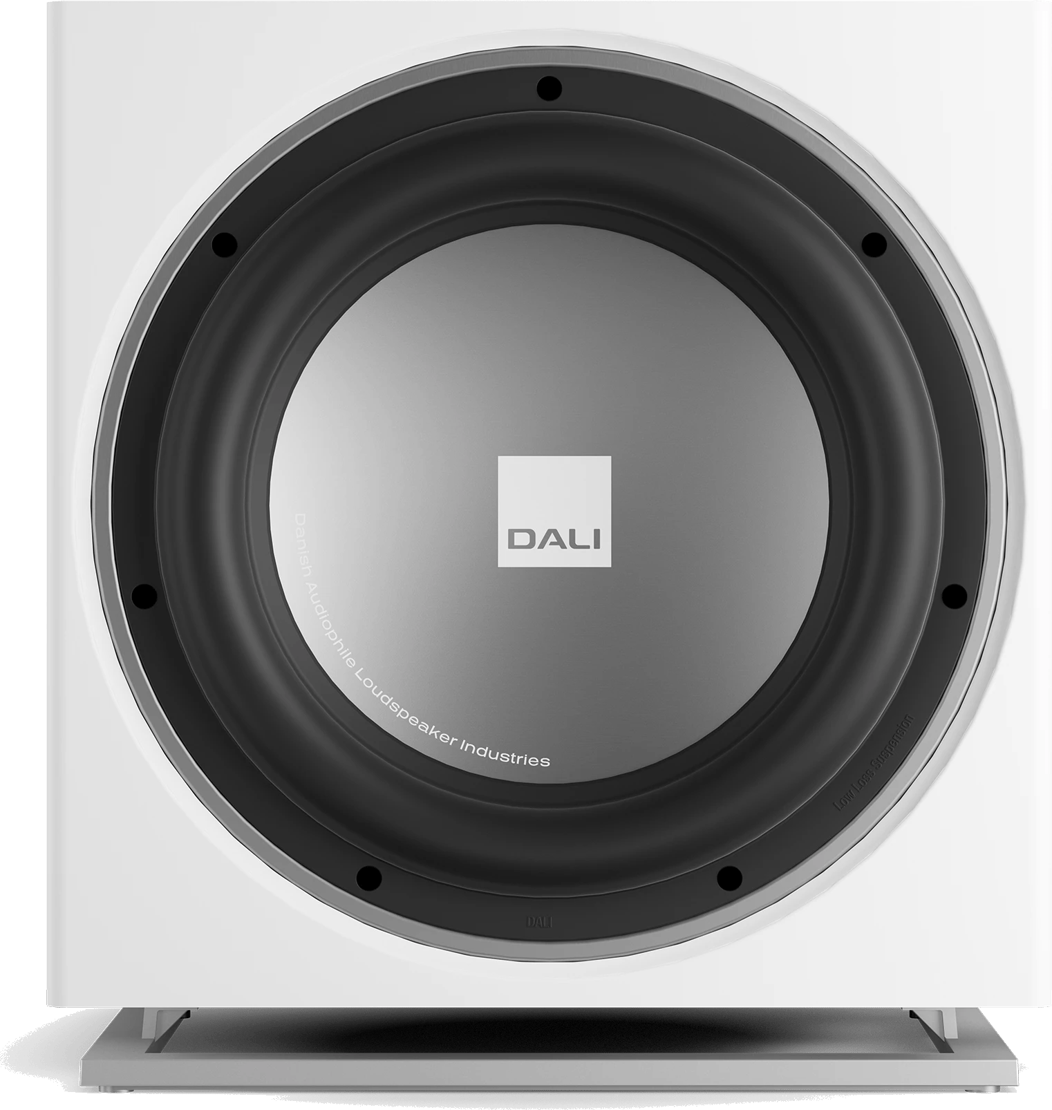 Frontansicht des DALI SUB E-12 F Subwoofers in weißer Satin-Oberfläche.