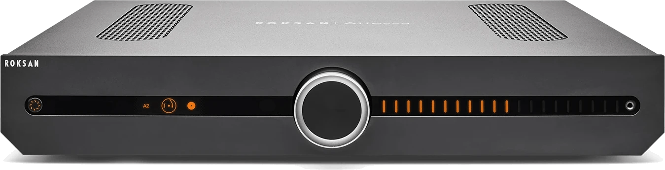 Frontansicht des Roksan Attessa Integrated Amplifiers in Schwarz.