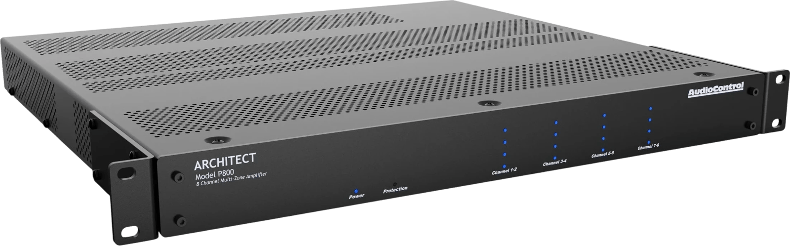 AudioControl Architect P800 8-Kanal-Endstufe, Ansicht von vorne-rechts.