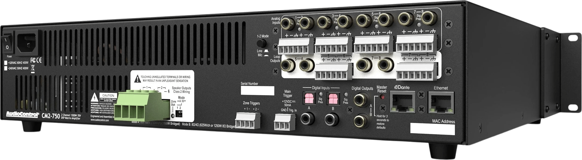 Rückansicht links des AudioControl CM2-750D Verstärkers mit sichtbaren Anschlüssen.