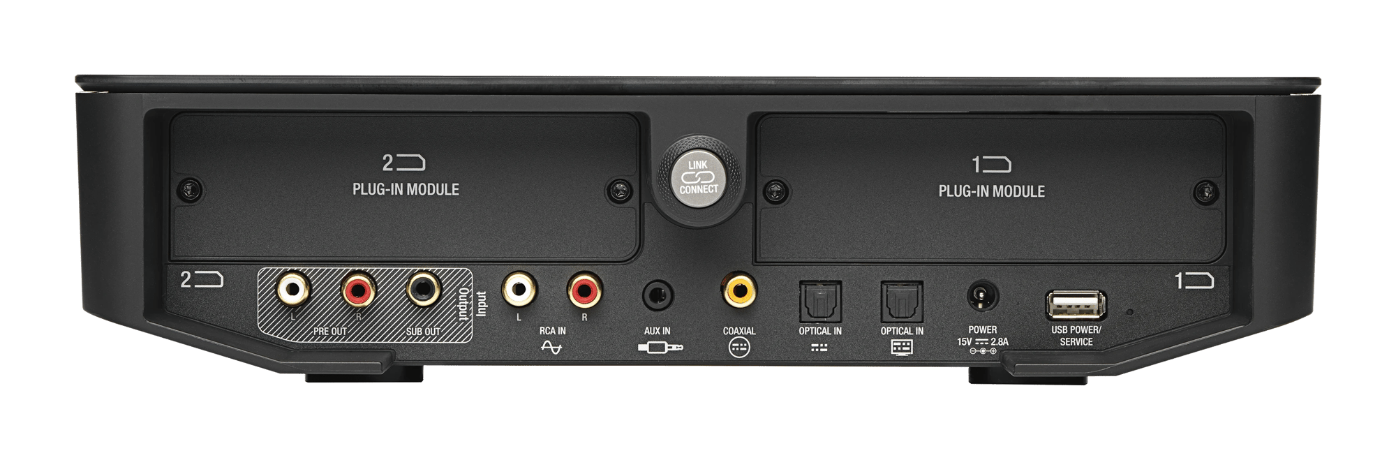 Rückansicht des DALI Sound Hub mit verschiedenen Eingangsanschlüssen.