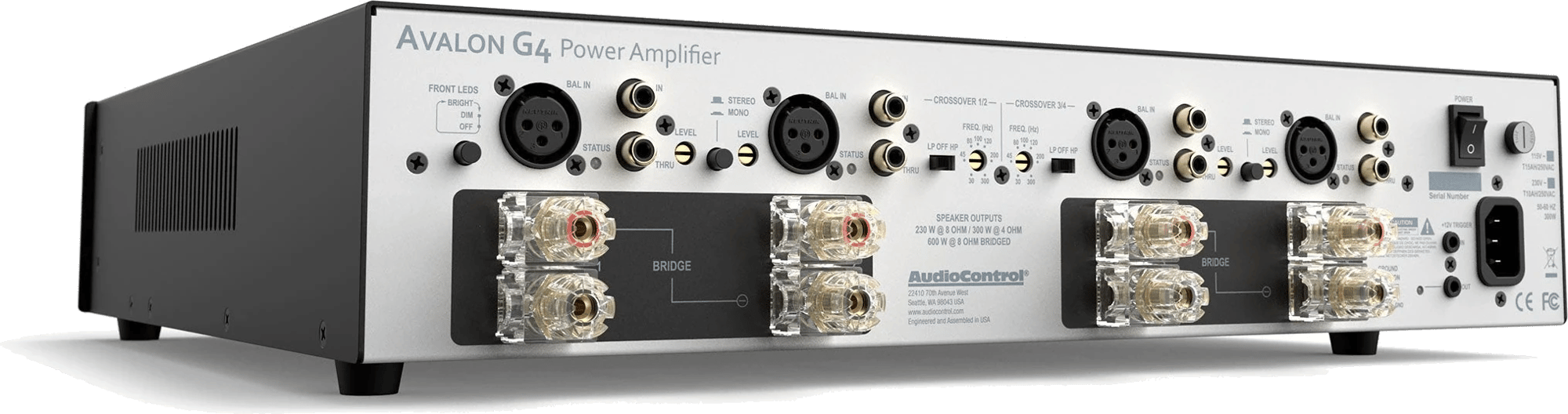 Rückansicht des AudioControl Avalon G4 Power Amplifiers mit Anschlüssen und Steckdosen.