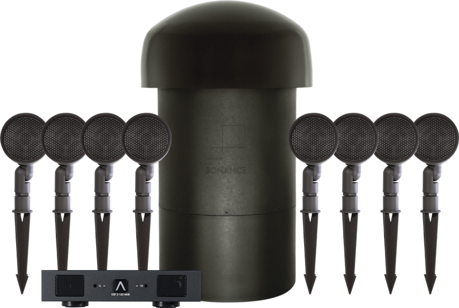 Sonance SGS 8.1 Lautsprechersystem mit DSP2-150mkIII Verstärker, mit mehreren Satellitenlautsprechern.