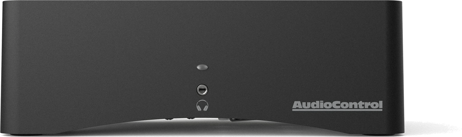 Frontansicht des schwarzen AudioControl Rialto 400 Stereo-Verstärkers mit sichtbaren Anschlüssen.