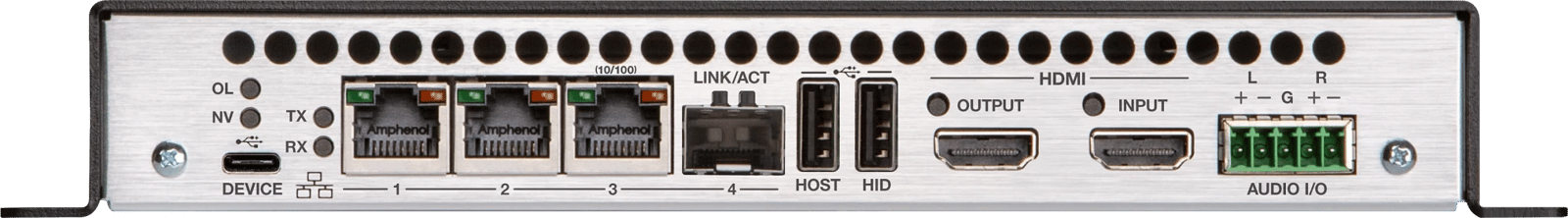 Rückansicht des Crestron DM-NVX-360, die verschiedene Anschlüsse wie HDMI und Audio I/O zeigt.