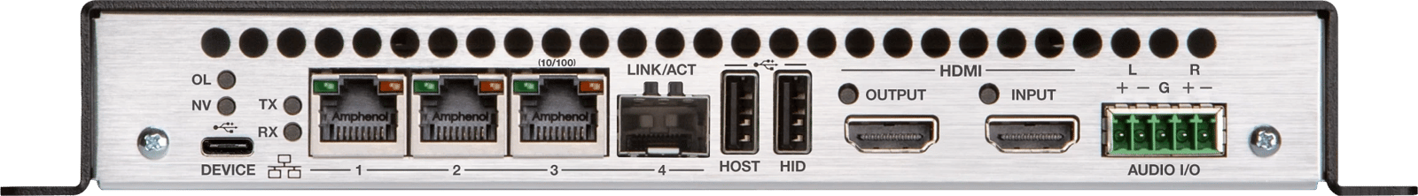 Rückansicht des Crestron DM-NVX-363 AV-Encoders/Decoders mit sichtbaren Anschlüssen.