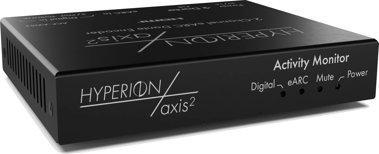 AudioControl Hyperion AXIS-2 Front-Linksicht mit Aktivitätsmonitor-Anzeigen.