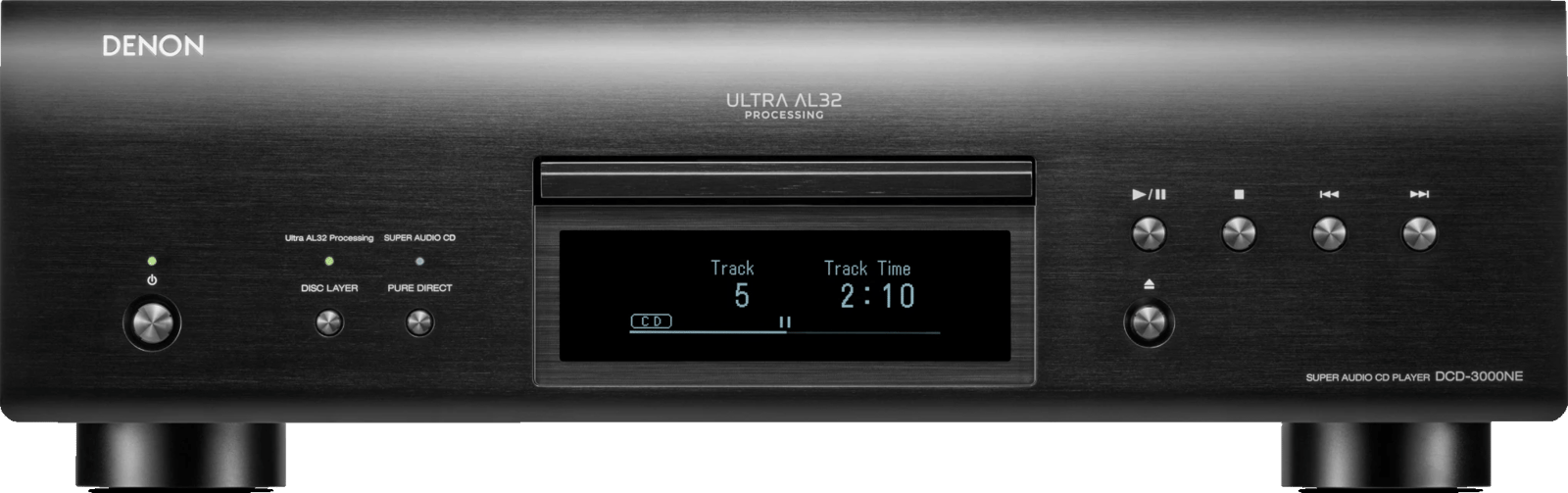 Denon DCD-3000NE in Schwarz gerade von vorn, mit Disc-Schublade, Display, Tasten für Wiedergabe und Auswurf sowie den Tasten Disc Layer und Pure Direct.