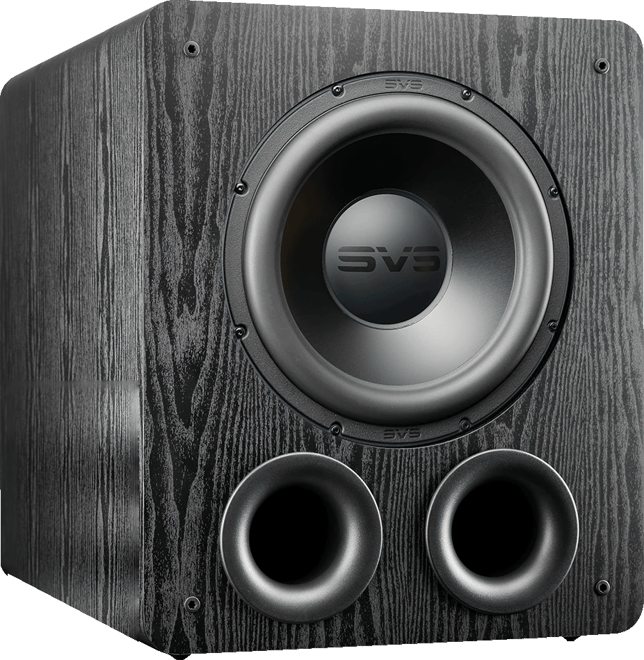 SVS PB-2000 Pro Subwoofer, Vorderansicht rechts mit sichtbaren Doppelanschlüssen.