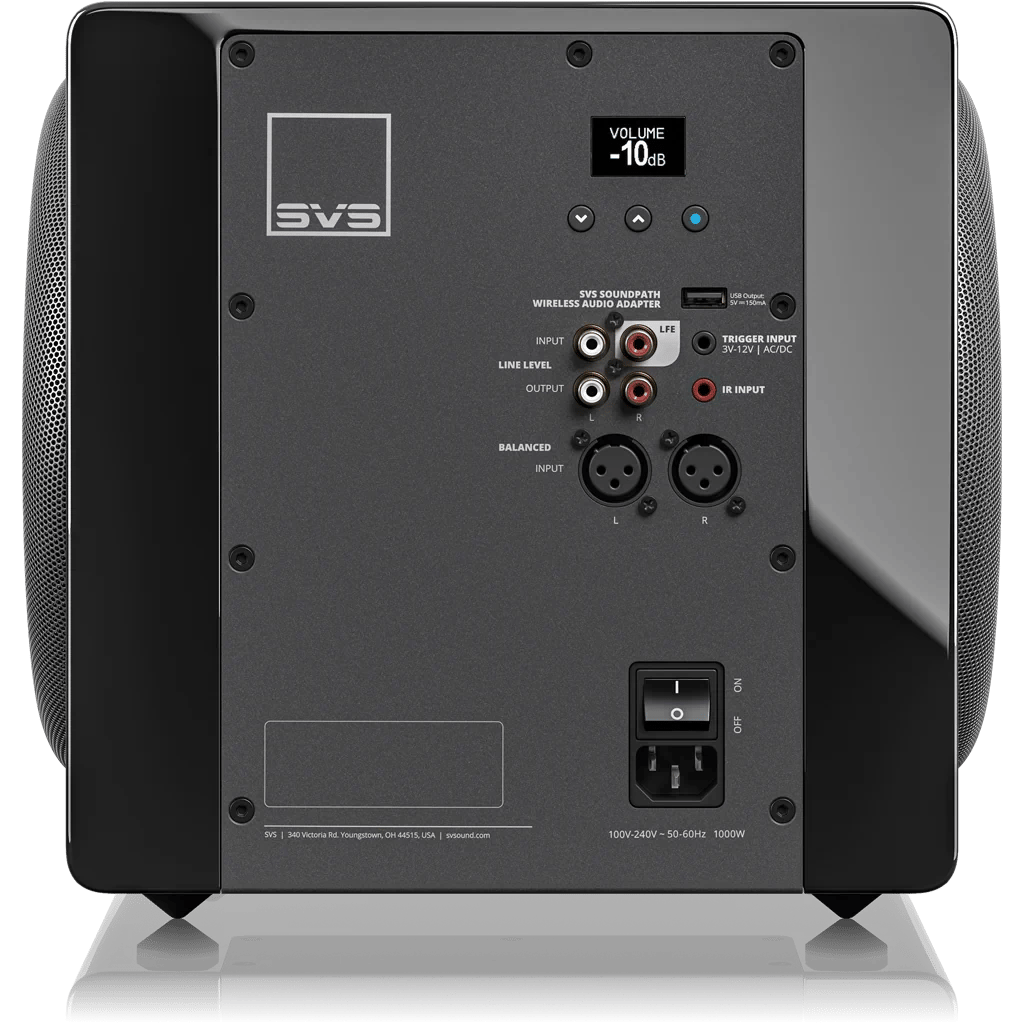 Rückansicht des SVS SB-3000 Micro Subwoofers mit Anschlüssen und Bedienelementen.