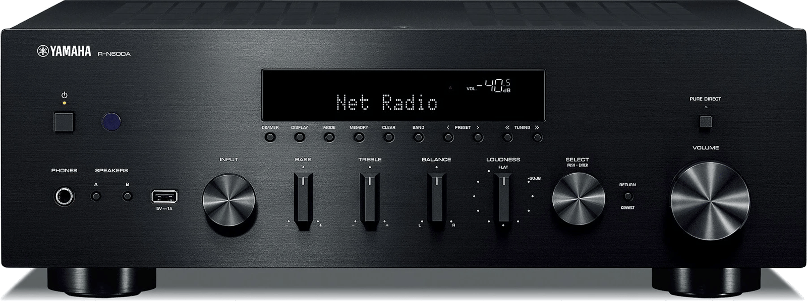 Yamaha R-N600A Netzwerk-Receiver, Frontansicht mit Bedienelementen und Display.