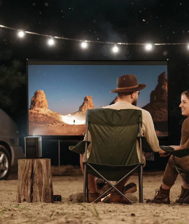 Camping mit portablem Projektor und Leinwand