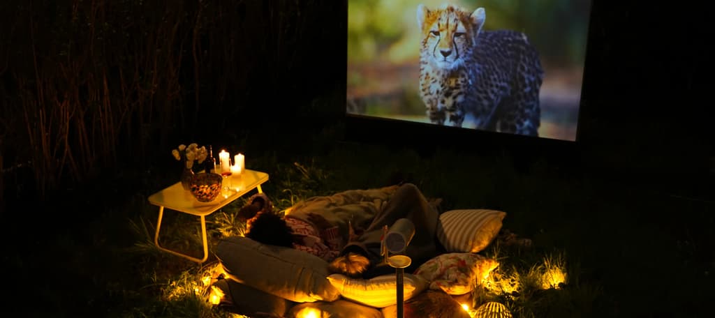 Gartenkino bei Nacht: Leinwand auf dem Rasen, Decken, Kissen und Kerzenlicht