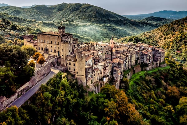 Castello Brancaccio crowning the medieval hilltown of San Gregorio da Sassola in the misty hills east of Rome