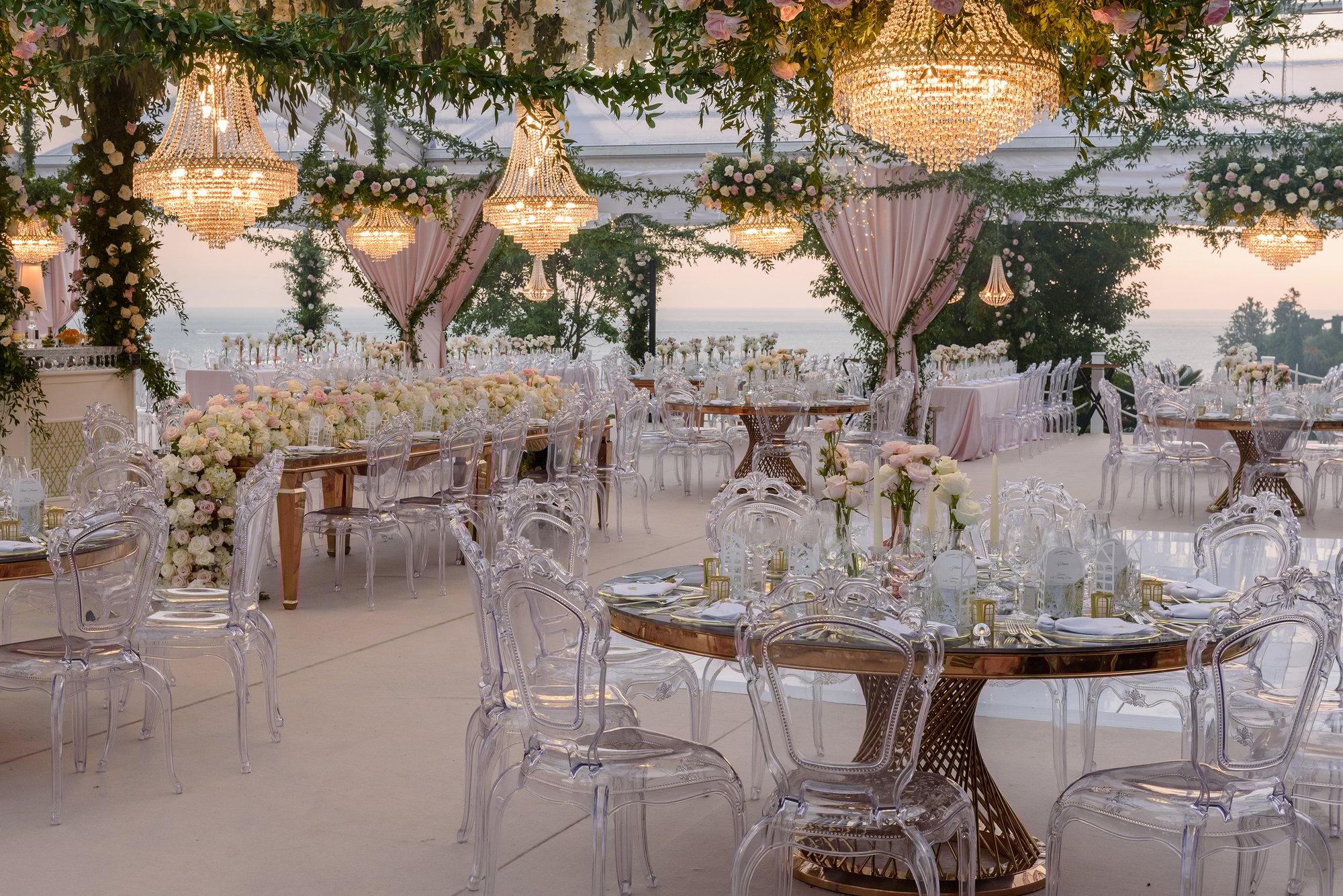 Elegant Italian wedding ceremony setup with natural countryside views