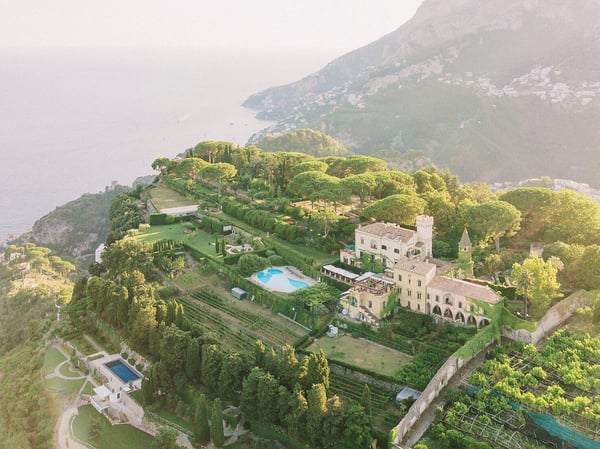 Villa Cimbrone's gardens and tower on the Ravello promontory, suspended high above the Tyrrhenian Sea