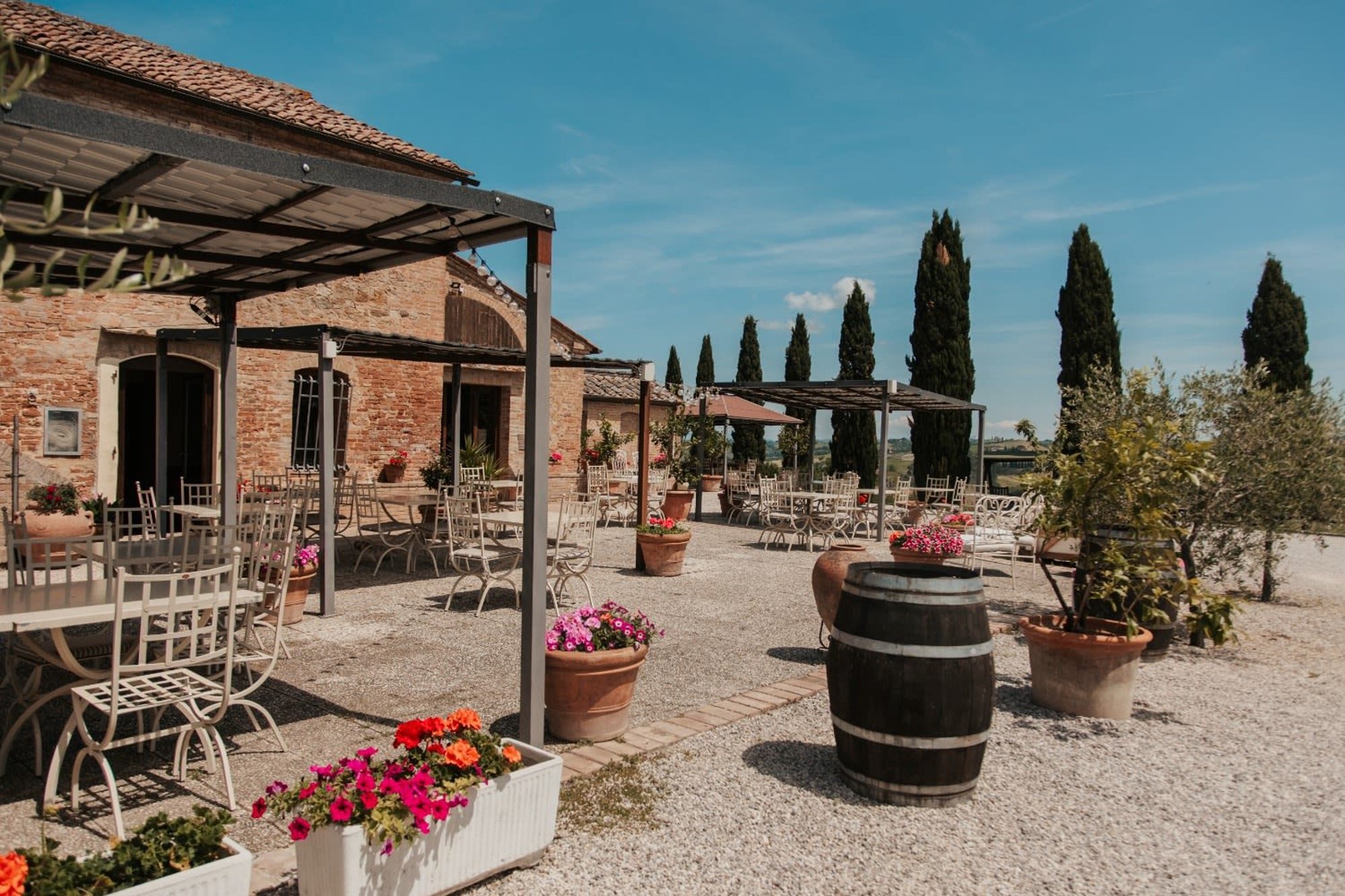 Agriturismo Percenna, Buonconvento: the brick terrace under a pergola, with flowers, a wine barrel and a line of cypresses against a blue sky