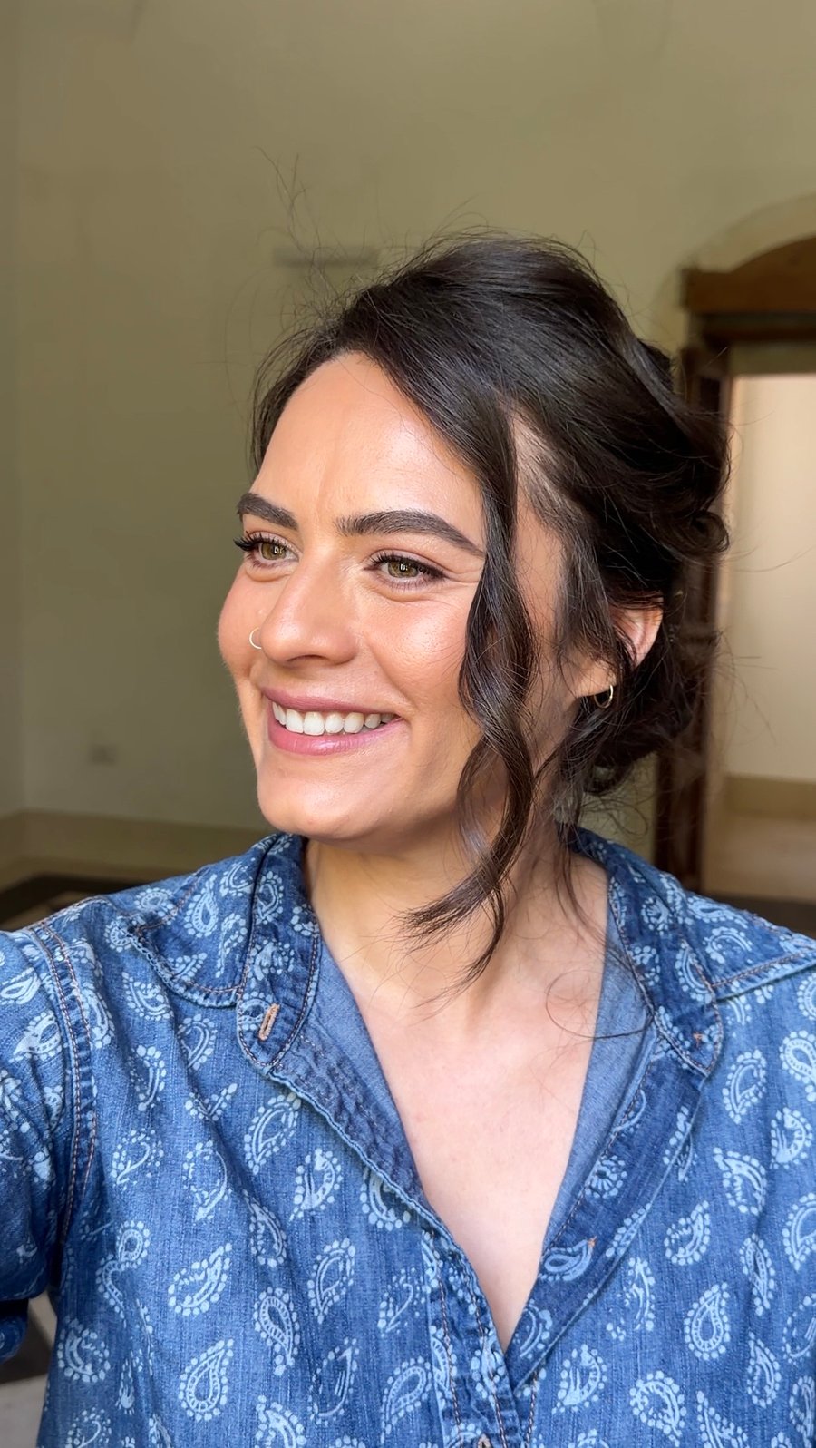 Alice Roberts Bridal — a finished bridal look, soft updo and natural glowing makeup, on a wedding morning in Italy
