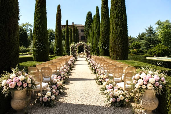 Villa Il Poggiolino, Lucignano: a ceremony aisle of rattan chairs and pink and white flowers running between cypresses to a floral arch