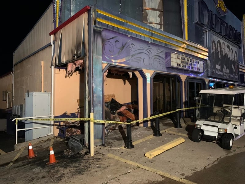 Fire damage across the front of the Dutton Family Theater in 2022