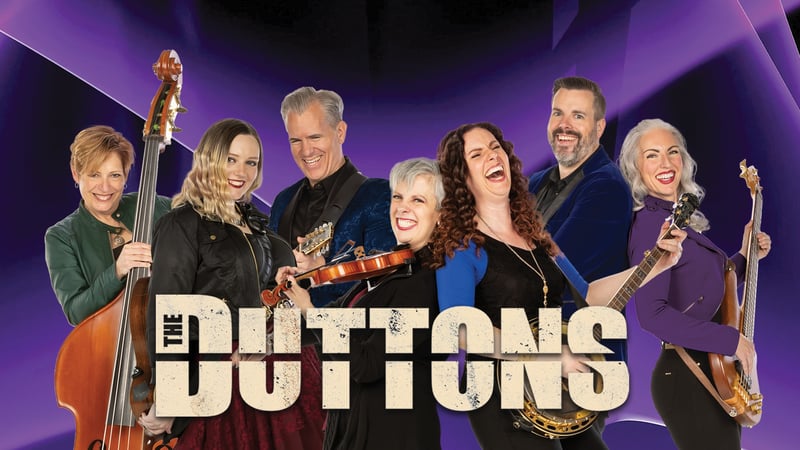 Seven Duttons laughing together with an upright bass, fiddle, banjo and guitar, above The Duttons logo