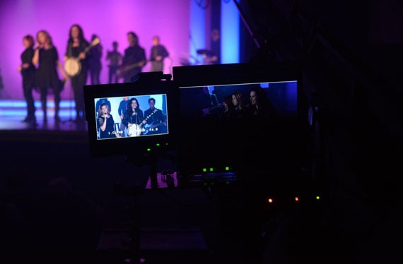 A camera monitor showing The Duttons on stage during the PBS filming