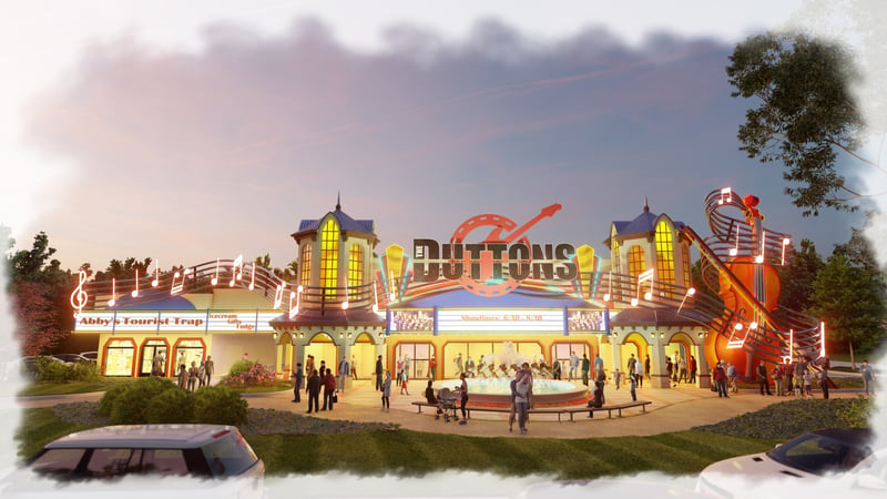 Artist’s rendering of the redesigned Dutton Family Theater front with towers, a canopy, the Duttons logo and a giant violin